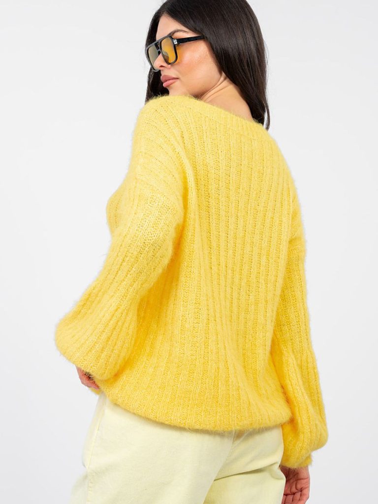 Pull femme jaune manches bouffantes col rond coupe ample — vue 2