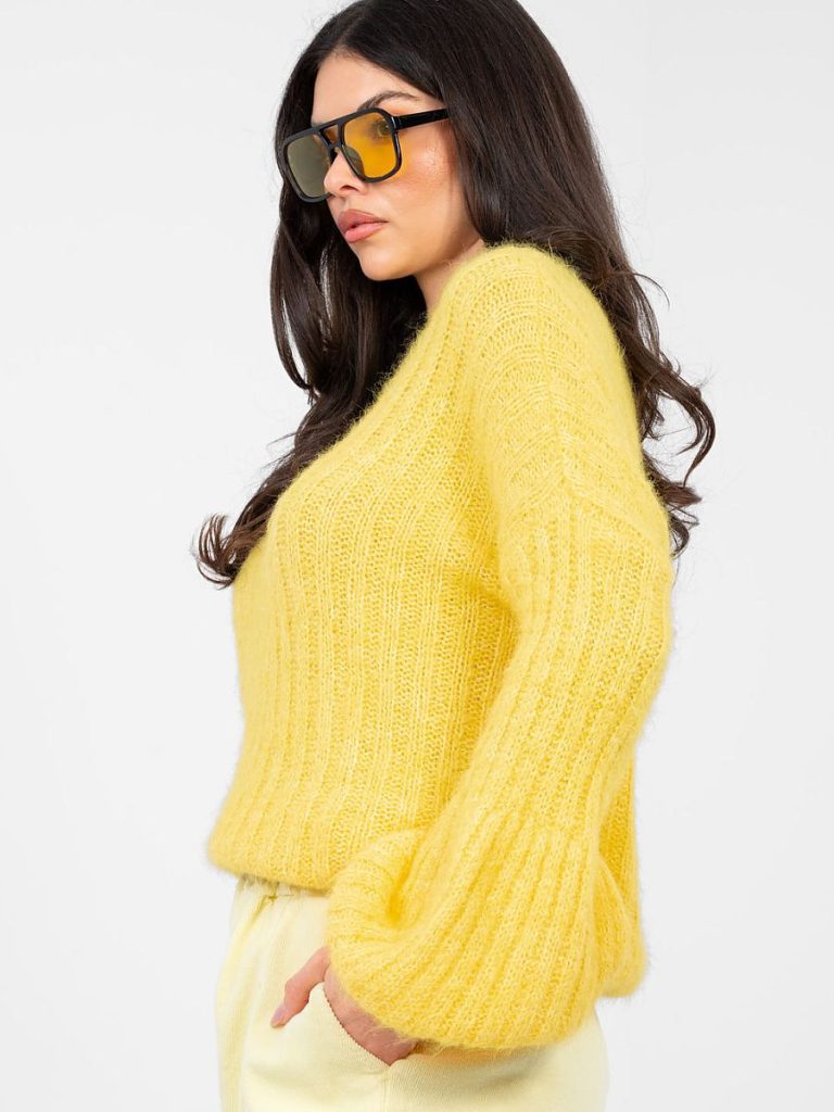 Pull femme jaune manches bouffantes col rond coupe ample — vue 3