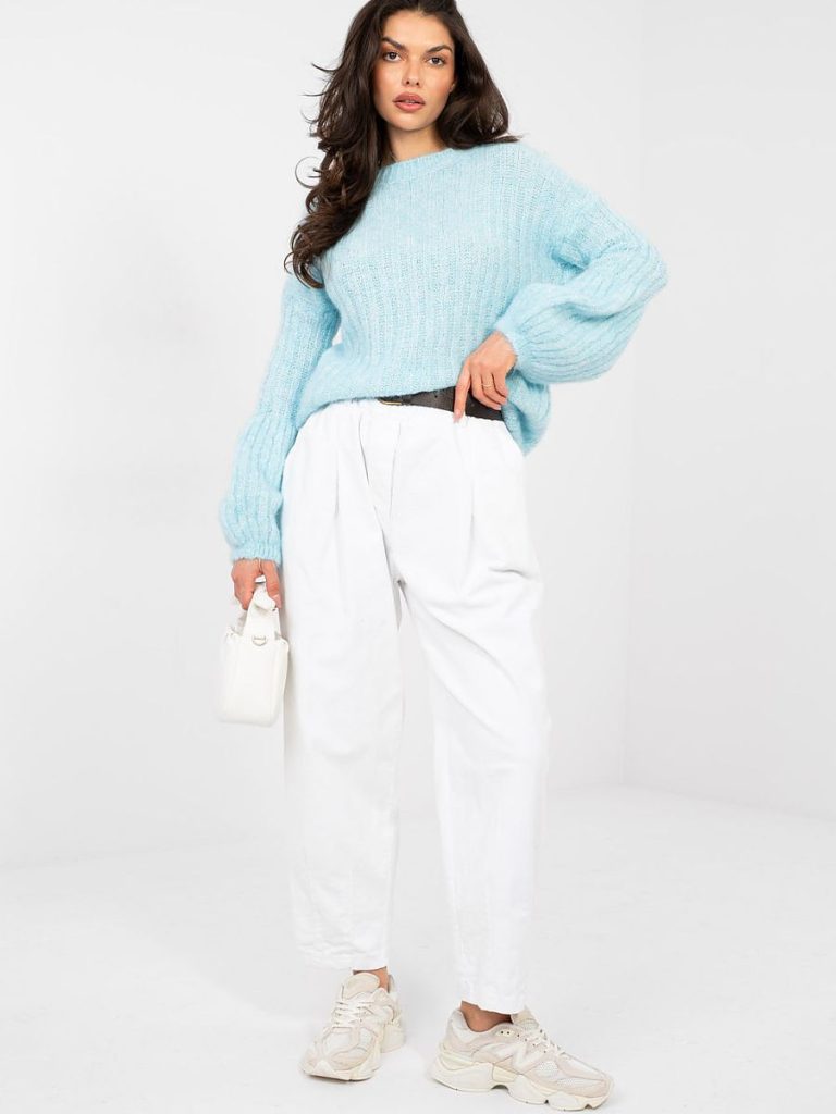 Pull femme bleu côtelé manches bouffantes coupe standard — vue 1