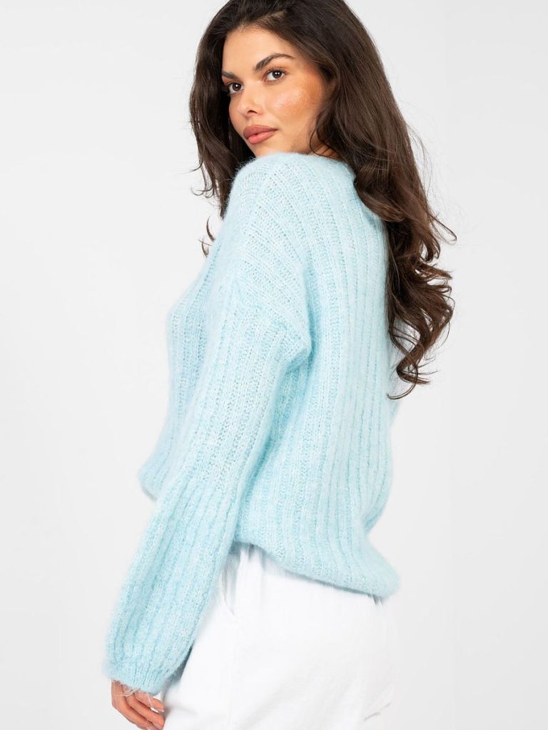 Pull femme bleu côtelé manches bouffantes coupe standard — vue 3