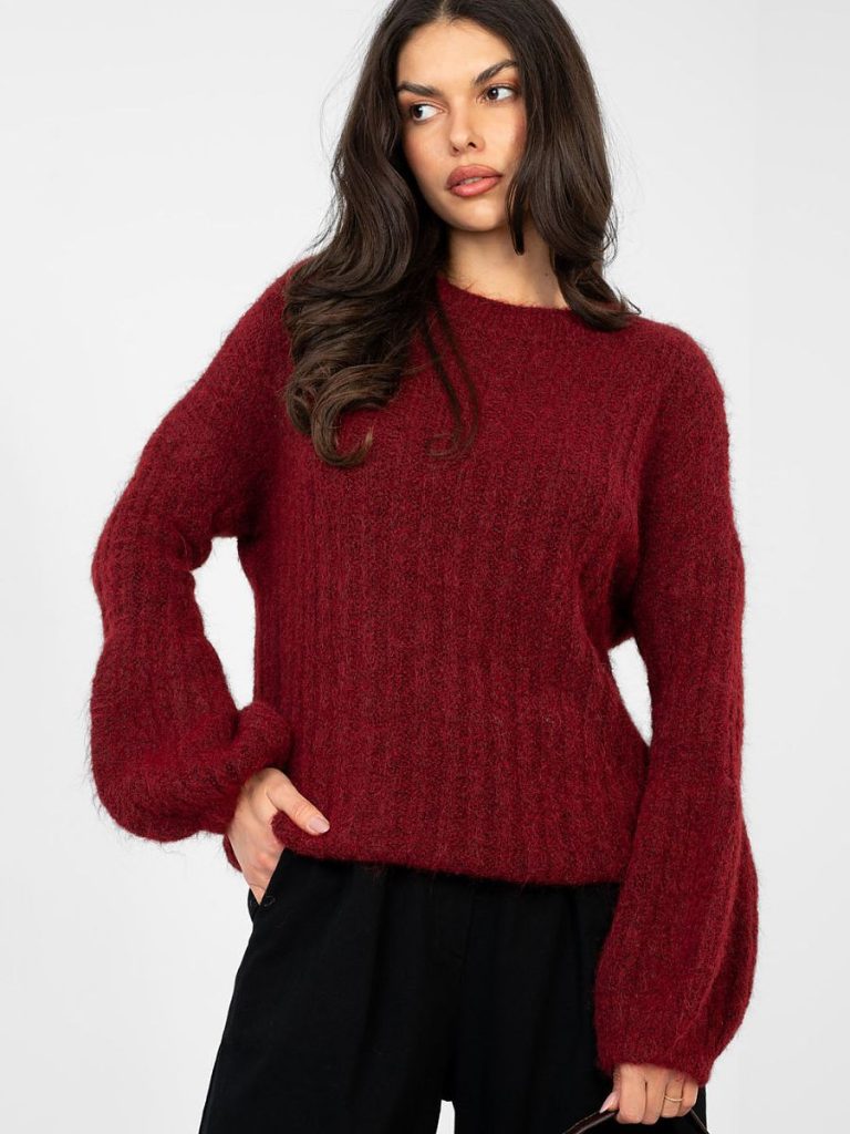 Pull rouge femme manches bouffantes coupe ample col rond