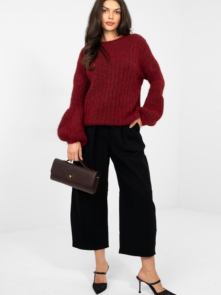 Pull rouge femme manches bouffantes coupe ample col rond — vue 1