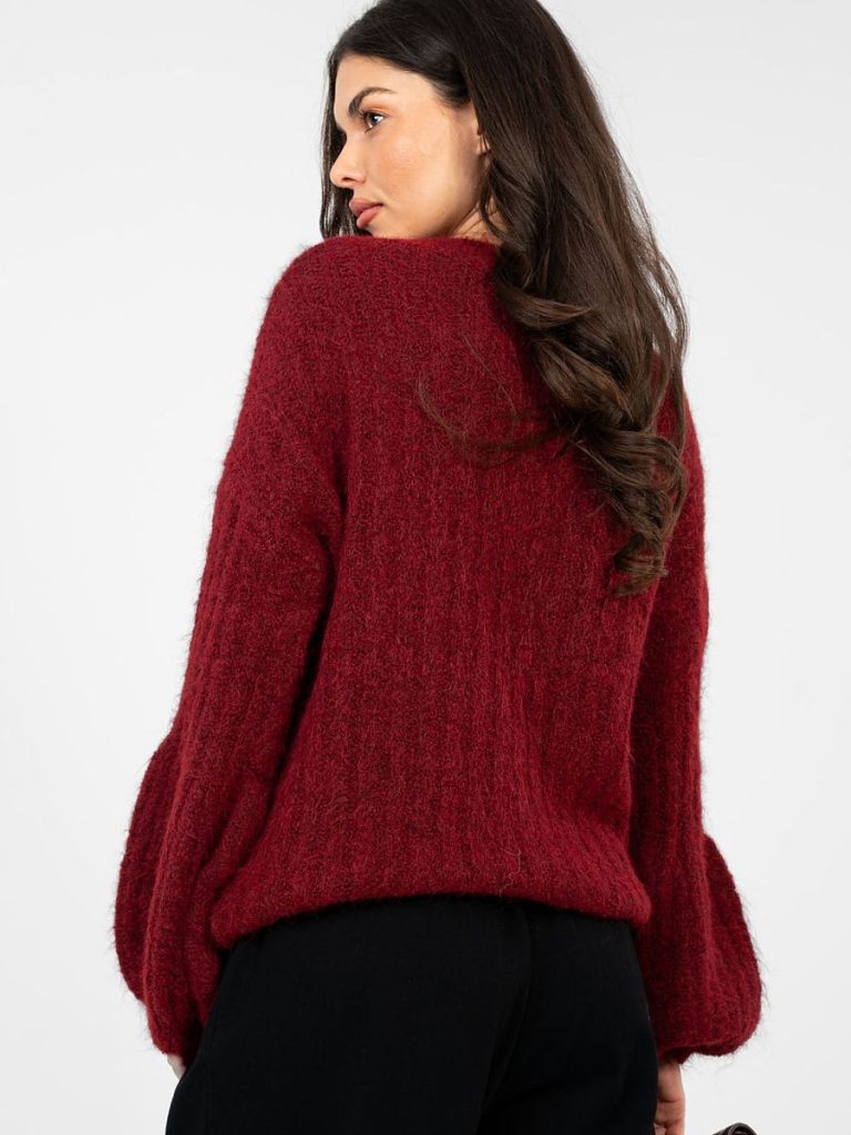 Pull rouge femme manches bouffantes coupe ample col rond — vue 2