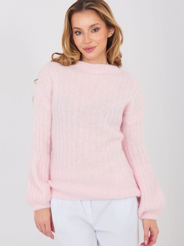 Pull rosé manches bouffantes côtelé, col rond, vue de face