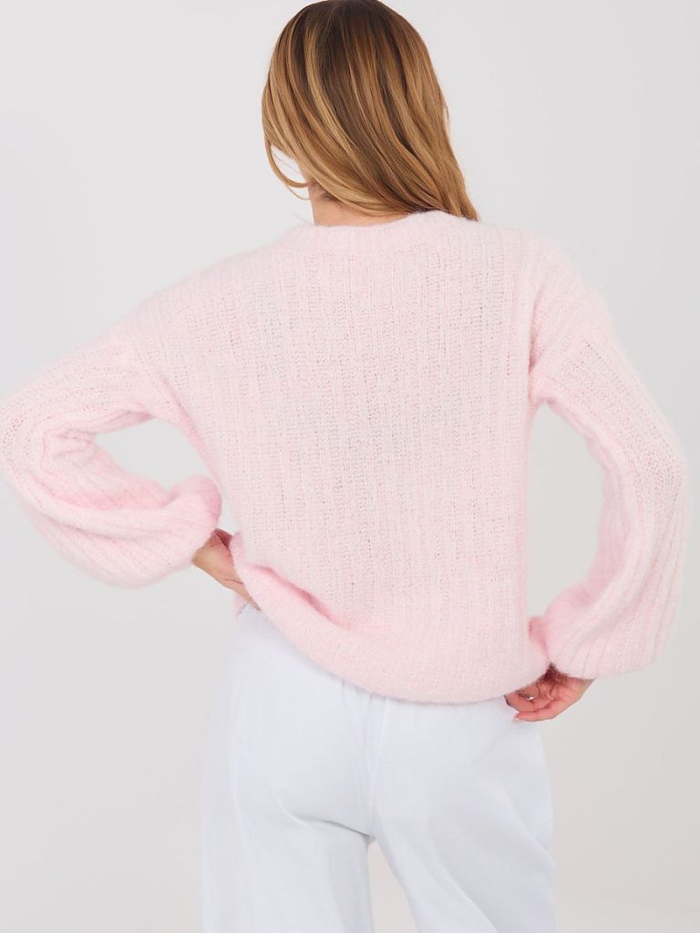 Pull rosé manches bouffantes côtelé, col rond, vue de face — vue 2