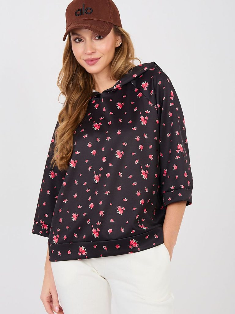 Sweatshirt femme manches 3/4 imprimé floral multicouleur coupe droite