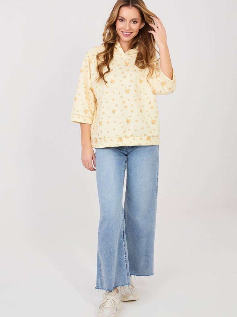 Sweatshirt beige motifs floraux manches 3/4 femme