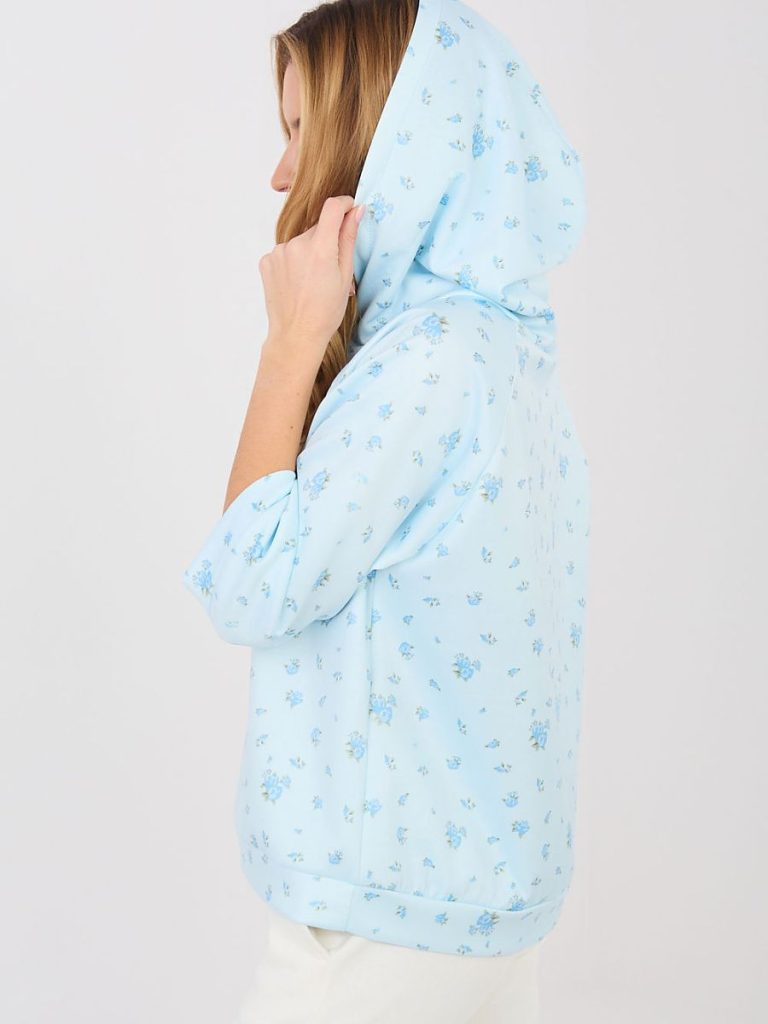 Sweatshirt bleu avec imprimé fleuri, manches 3/4, coupe épurée — vue 1