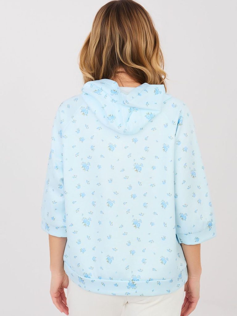 Sweatshirt bleu avec imprimé fleuri, manches 3/4, coupe épurée — vue 2