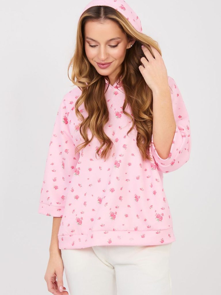 Sweat-shirt feminin rose avec motifs florales et manches 3/4