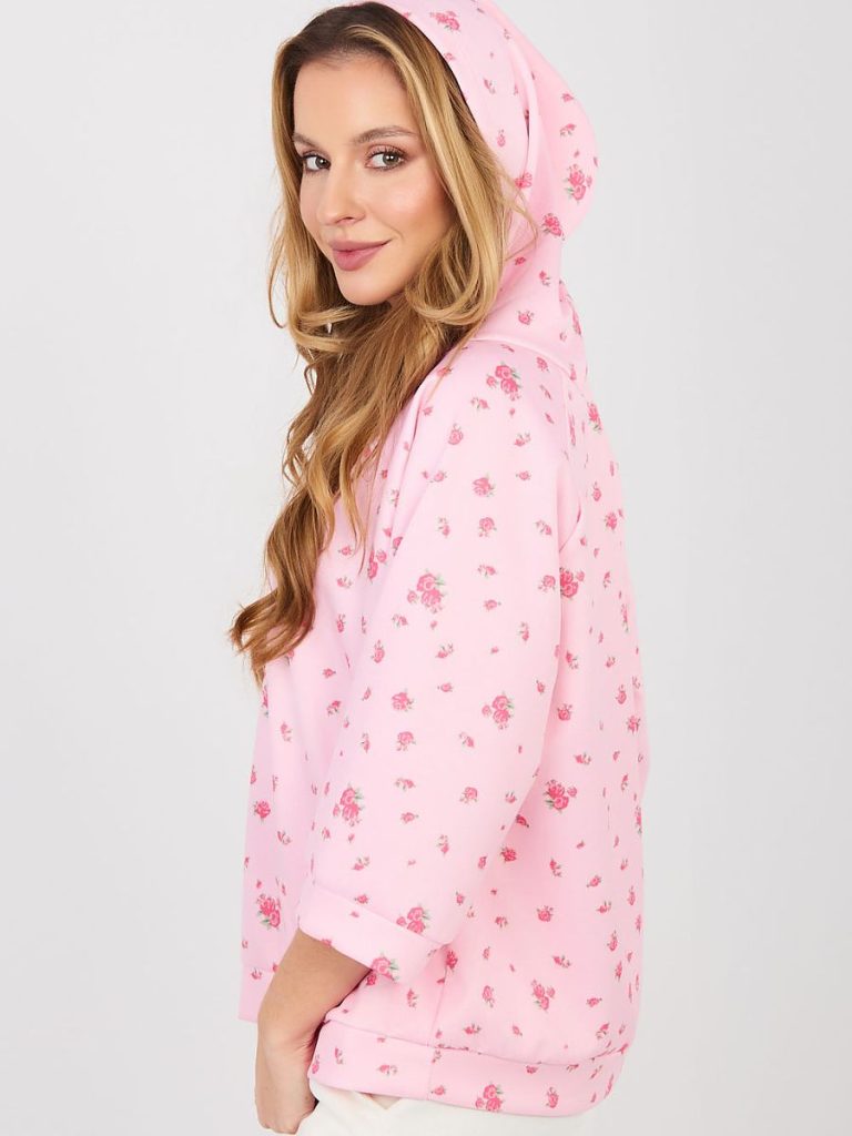 Sweat-shirt feminin rose avec motifs florales et manches 3/4 — vue 2