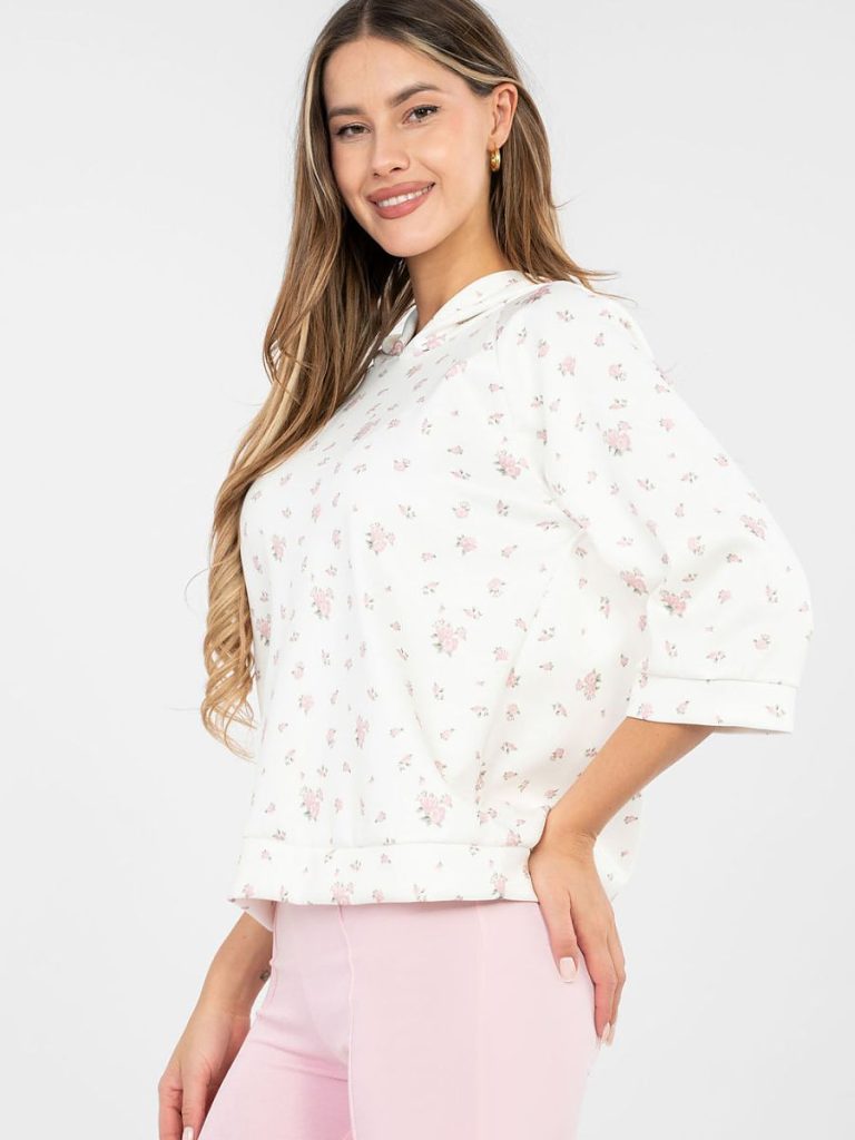 Sweat femme floral manches 3/4 ajustées coupe épurée — vue 3