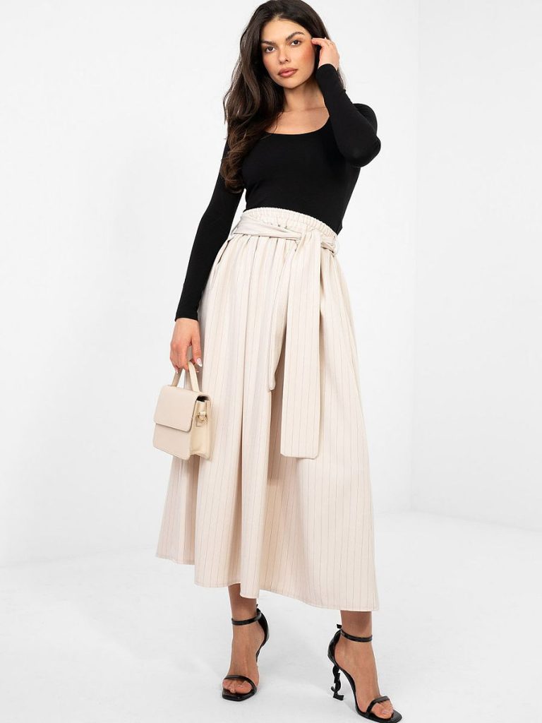 Jupe midi rayée beige taille haute avec ceinture amovible — vue 1