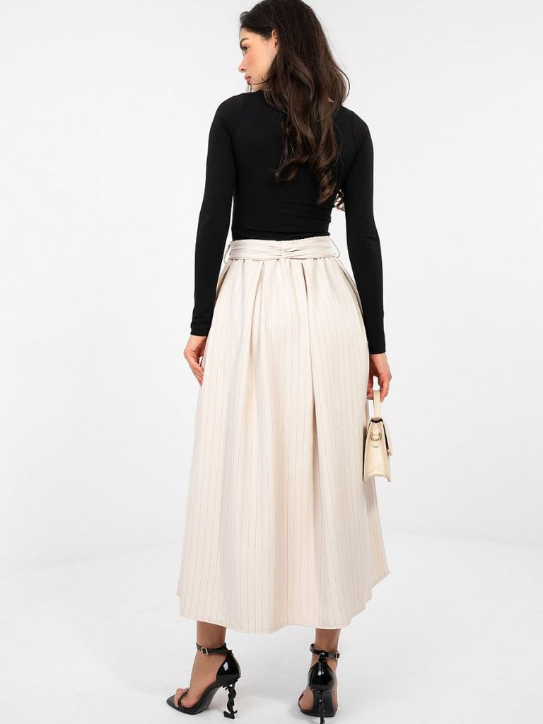 Jupe midi rayée beige taille haute avec ceinture amovible — vue 2