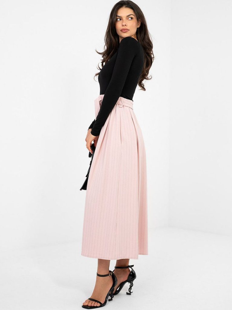Jupe midi rayée rosé taille haute avec ceinture ajustable et poches — vue 1