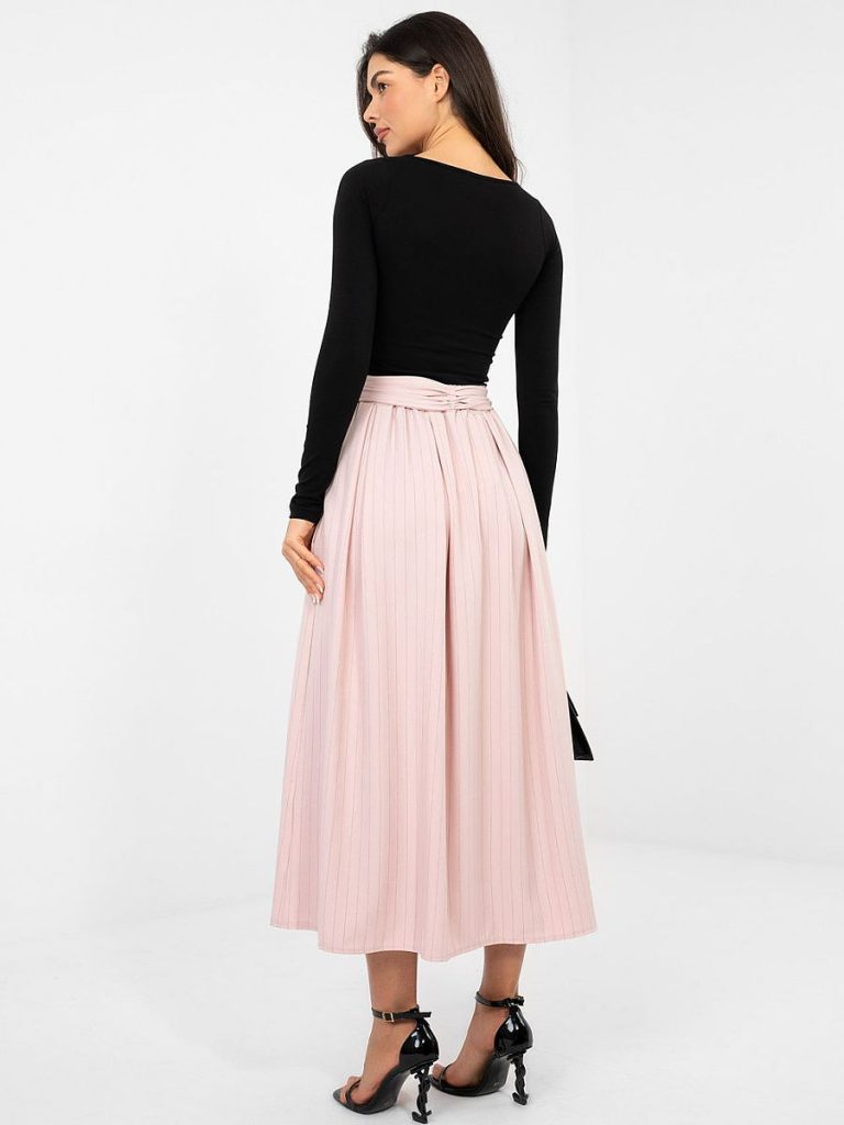Jupe midi rayée rosé taille haute avec ceinture ajustable et poches — vue 2