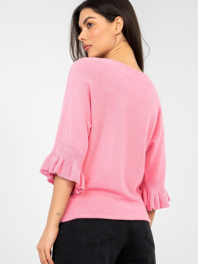 Pull femme rosé manches 3/4 volantées, coupe élégante — vue 2