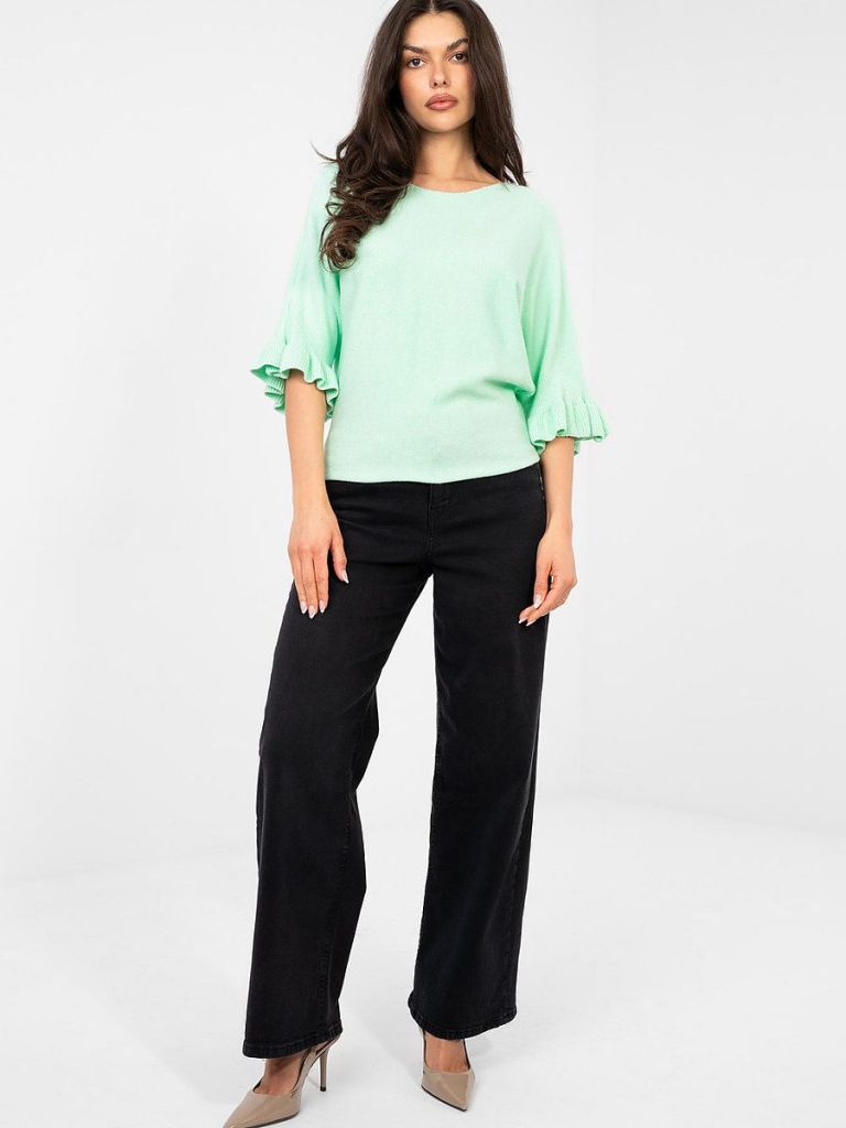 Pull femme vert col rond manches volantées en dentelle