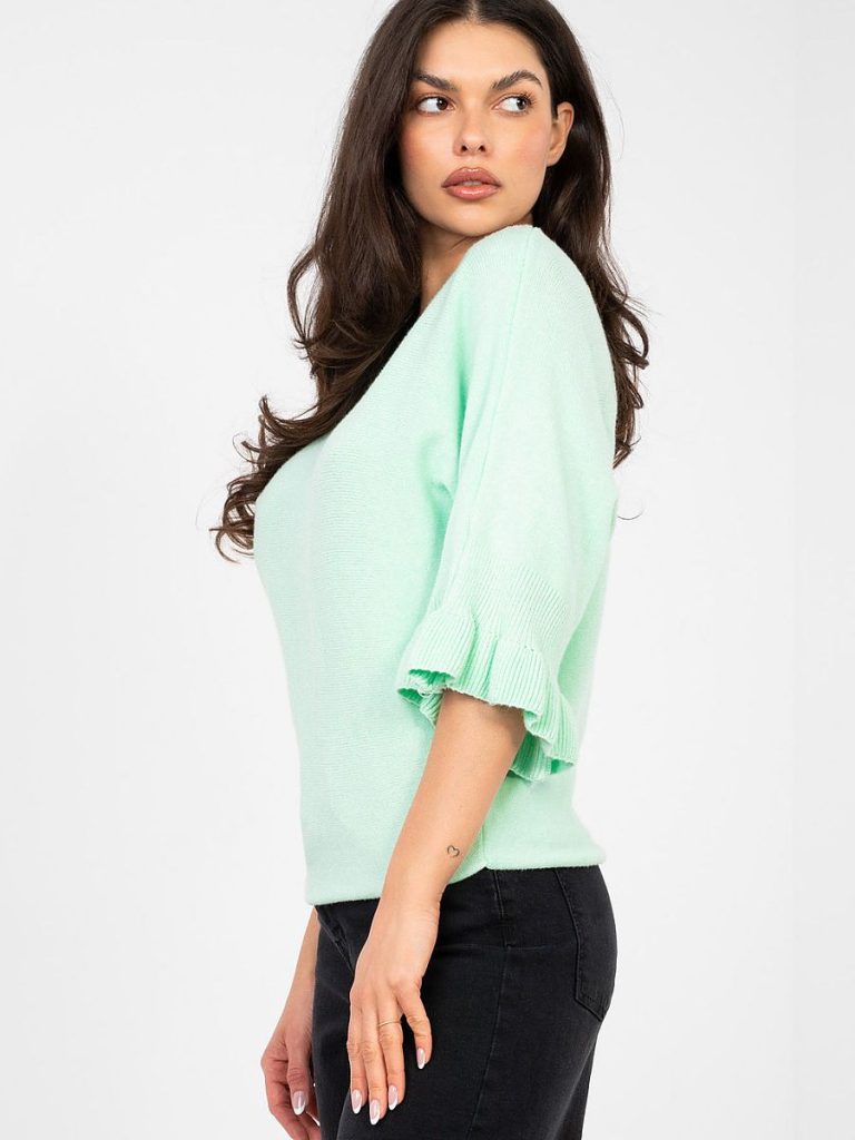 Pull femme vert col rond manches volantées en dentelle — vue 1
