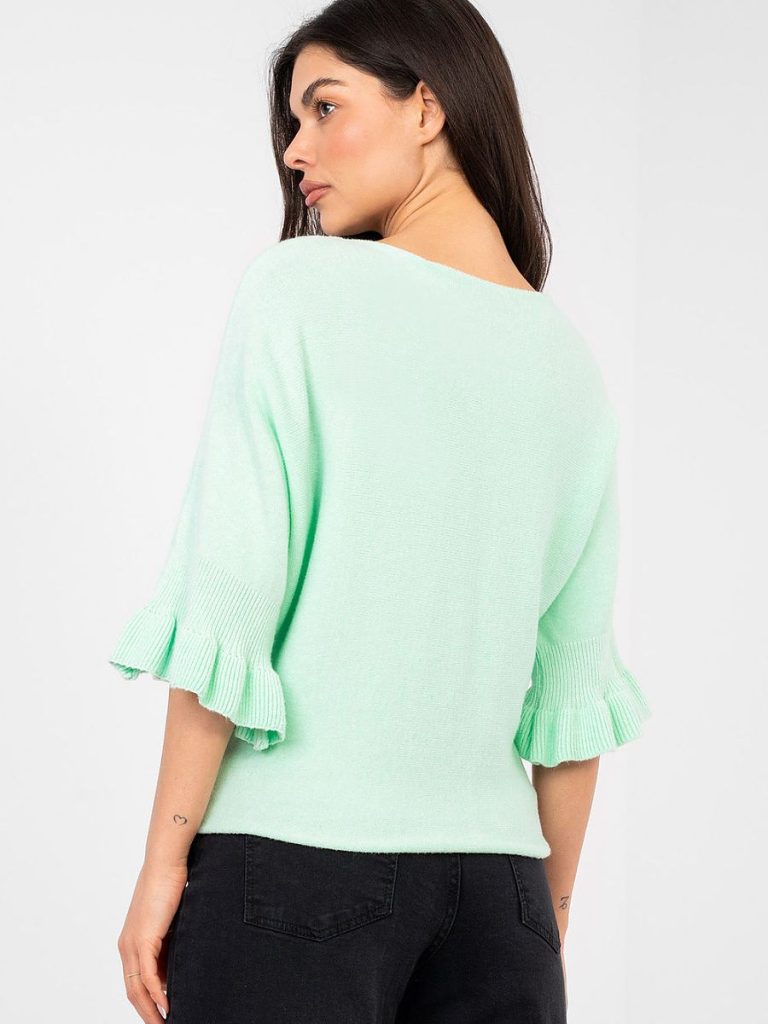 Pull femme vert col rond manches volantées en dentelle — vue 2