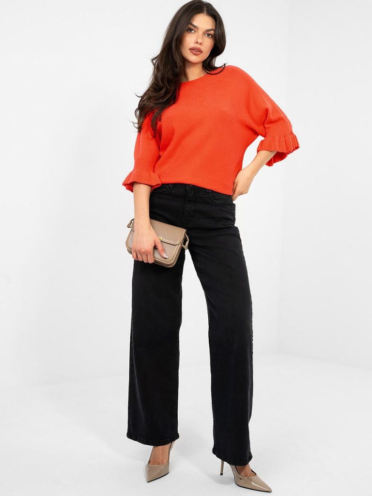 Pull jaune femme manches trois-quarts volants col rond