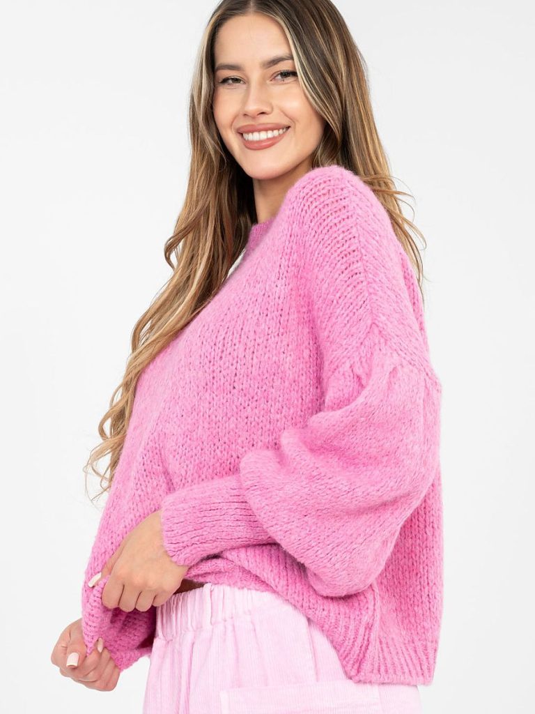 Pull Gabrielle manches bouffantes couleur rosé, coupe ajustée — vue 1
