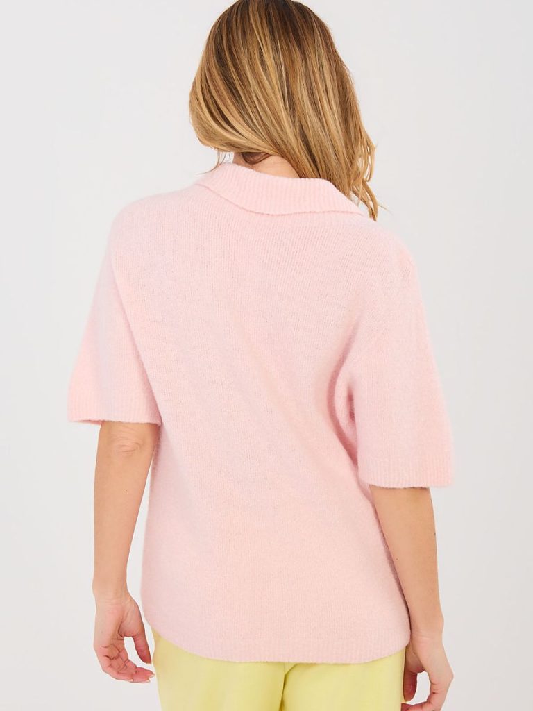 Pull polo femme manches courtes rosé poudré, col structuré affinant — vue 2