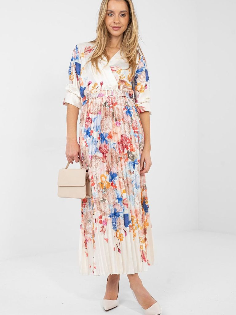 Robe maxi fleurs romantique avec décolleté cache-cœur et manches volantées