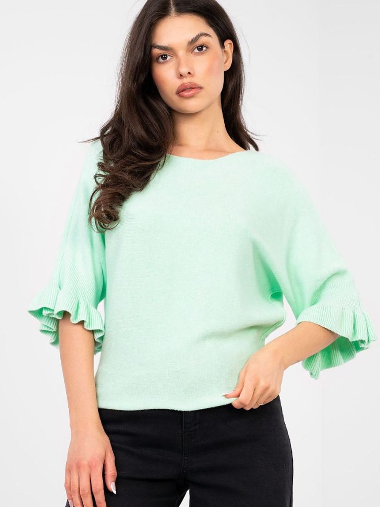 Pull femme vert col rond manches volantées en dentelle — vue 3