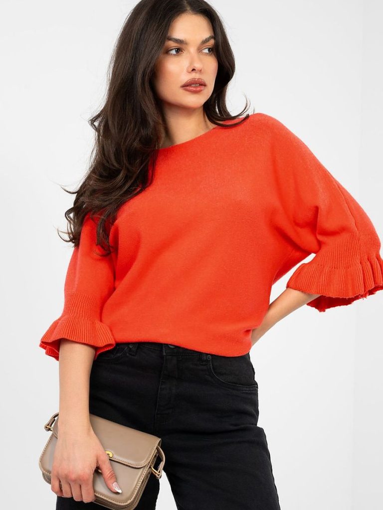 Pull jaune femme manches trois-quarts volants col rond — vue 3