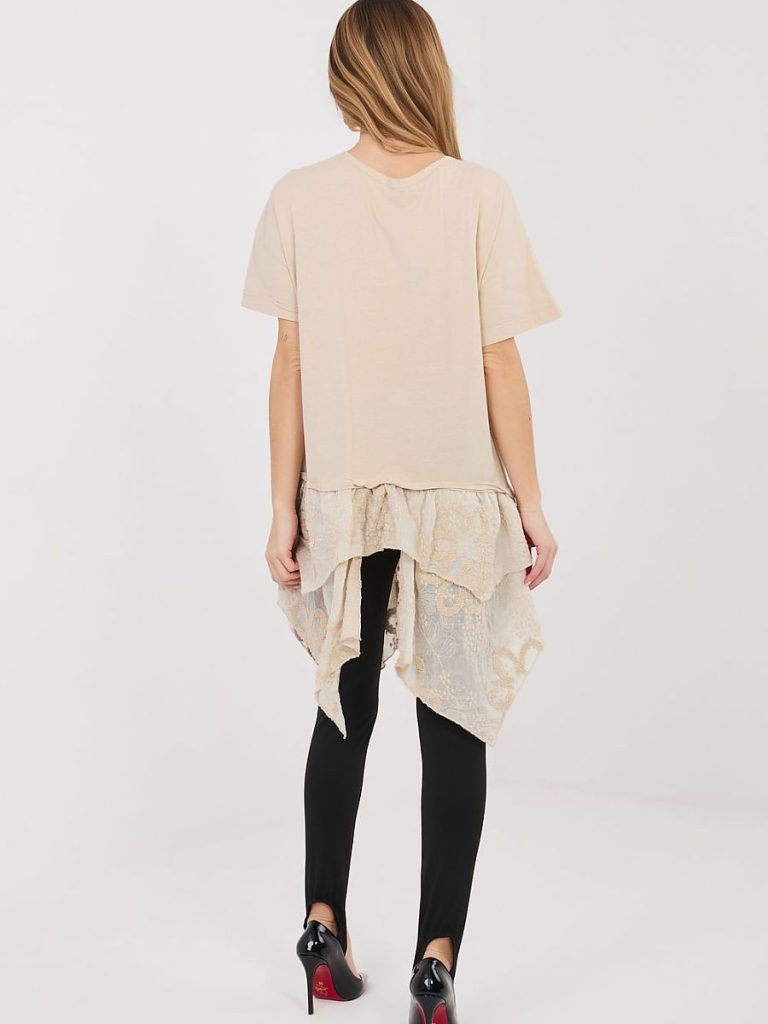 Tunique beige ample coton volant brodé asymétrique col rond — vue 2