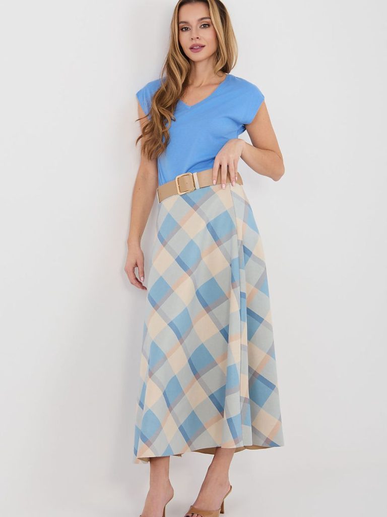 Jupe maxi carreaux multicouleur, ceinture amovible, coupe évasée femme