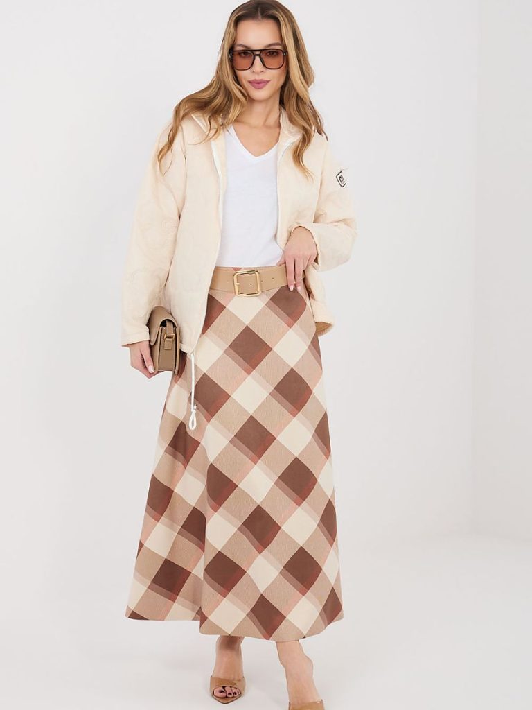 Jupe maxi carreaux multicouleur avec ceinture structurante et coupe évasée — vue 1