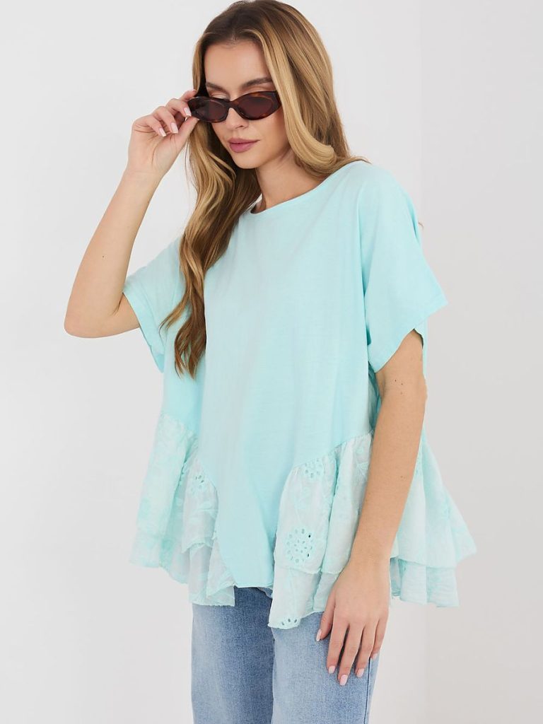 Blouse Éva bleu col rond coton viscose ruche brodée