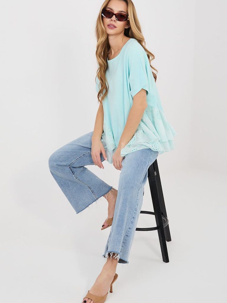 Blouse Éva bleu col rond coton viscose ruche brodée — vue 1
