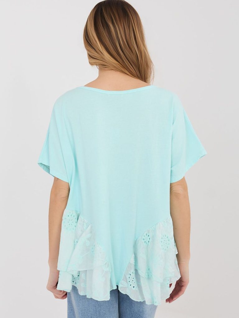 Blouse Éva bleu col rond coton viscose ruche brodée — vue 2