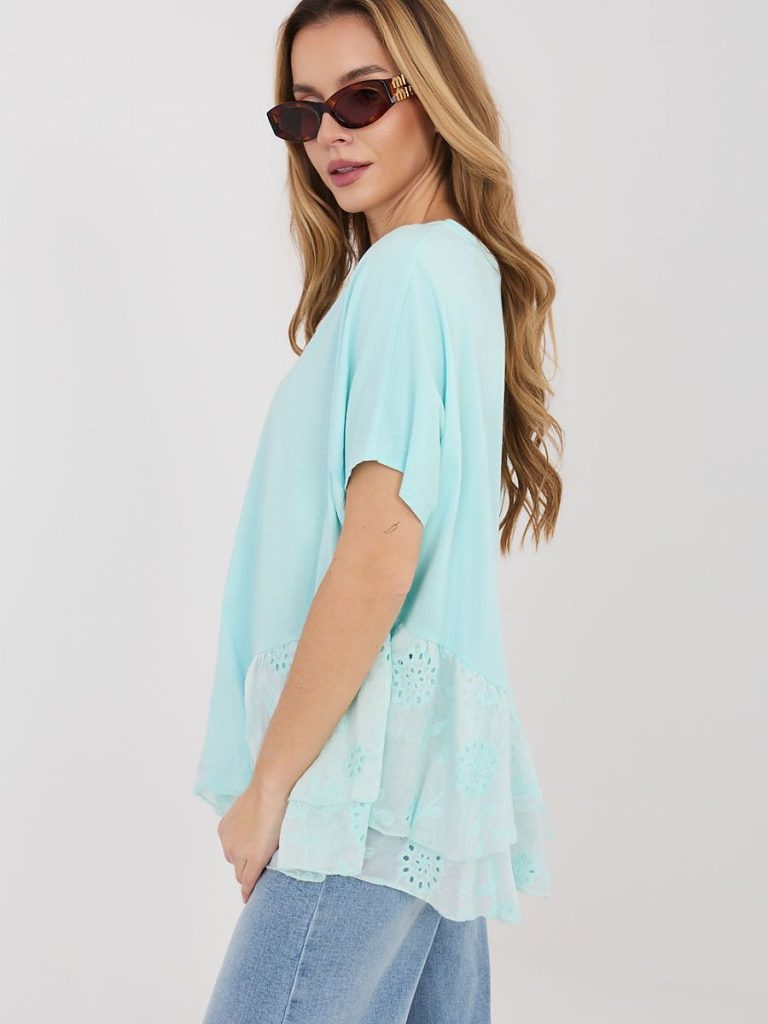 Blouse Éva bleu col rond coton viscose ruche brodée — vue 3