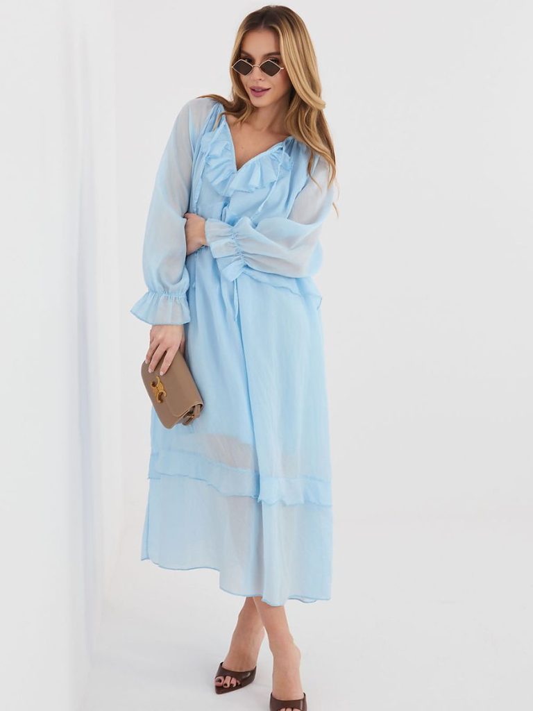 Robe midi bleu manches bouffantes volants nœud décolleté femme — vue 1