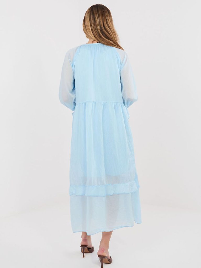 Robe midi bleu manches bouffantes volants nœud décolleté femme — vue 2