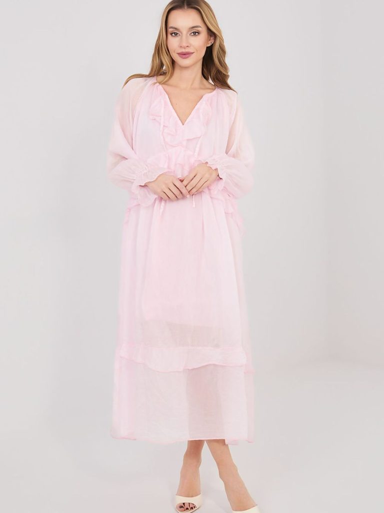 Robe Léa midi bohème rosé, manches bouffantes, viscose fluide — vue 1