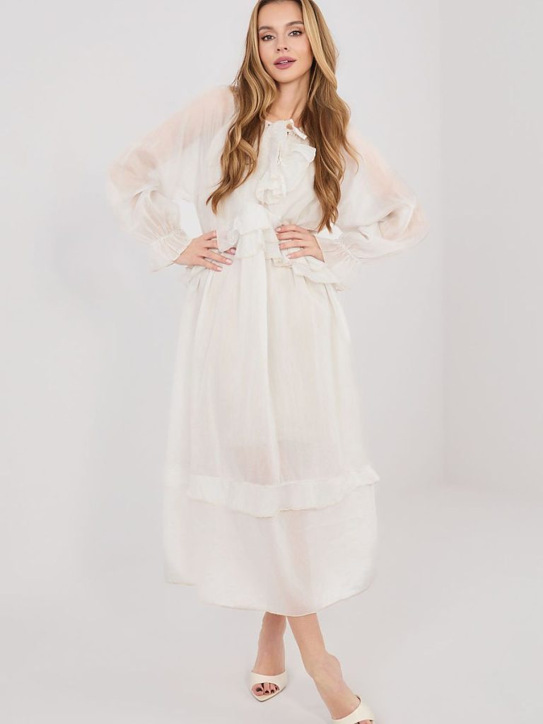 Robe midi beige avec volants col et laçage romantique manches bouffantes