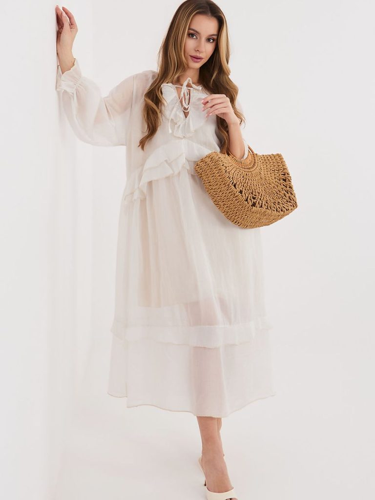 Robe midi beige avec volants col et laçage romantique manches bouffantes — vue 1