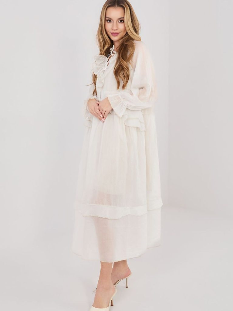 Robe midi beige avec volants col et laçage romantique manches bouffantes — vue 2