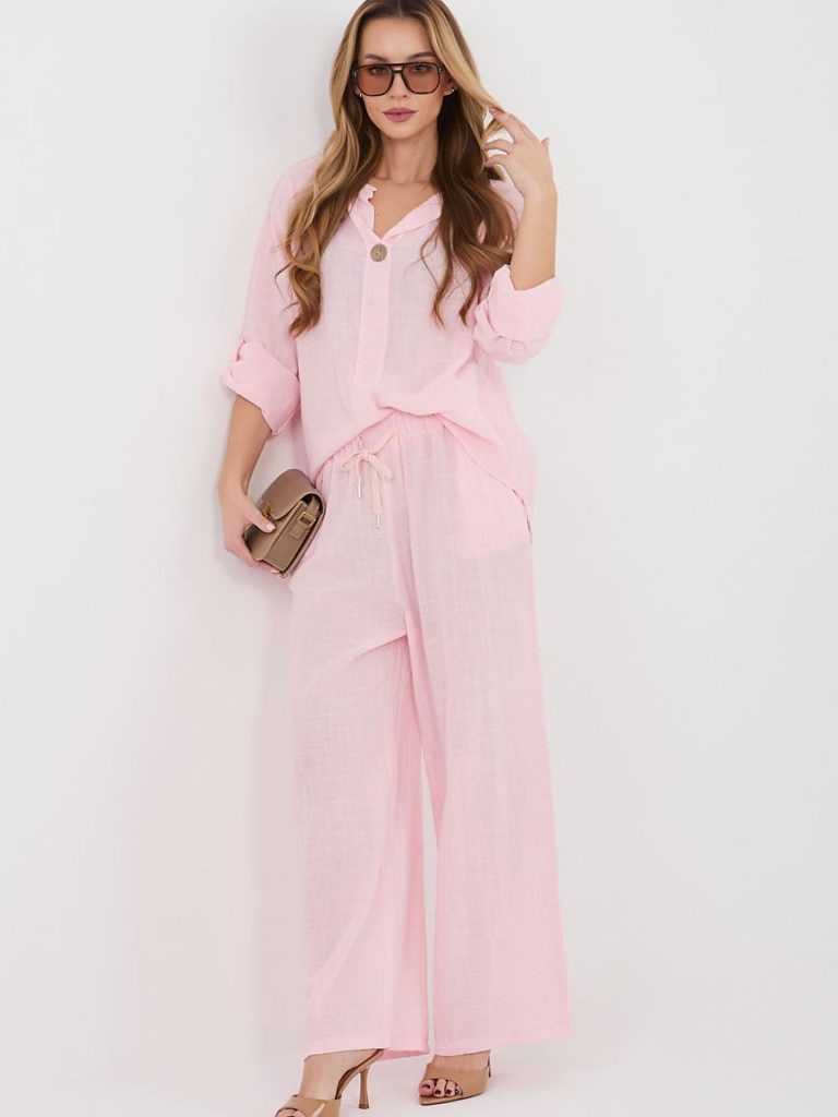 Chemise rose poudré col V manches longues retroussables — vue 1