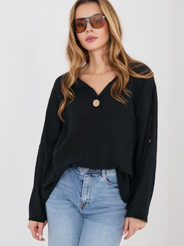 Chemisier noir femme Léa, coton manches retroussables, décolleté V