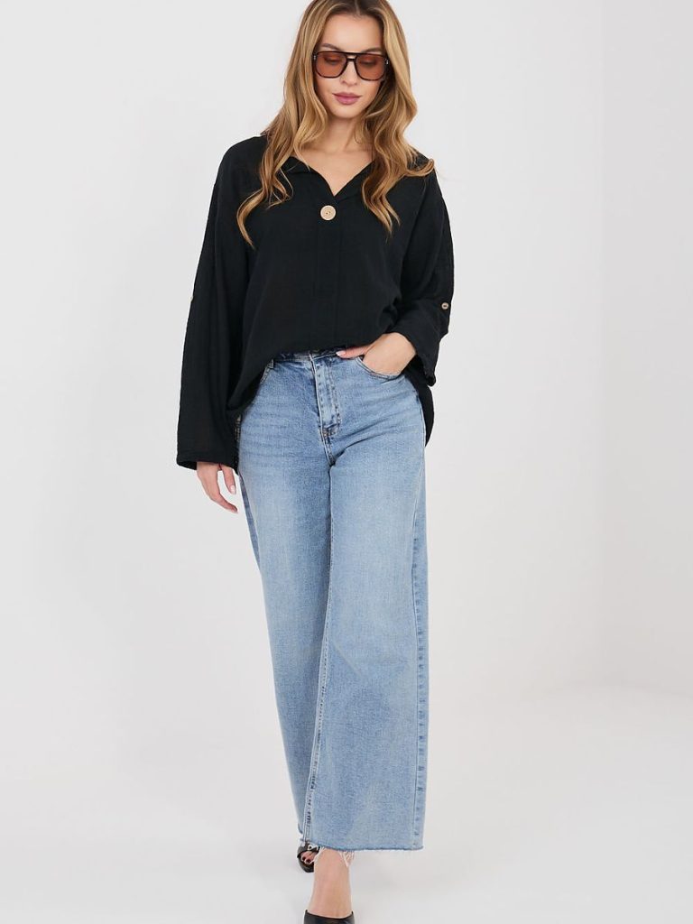 Chemisier noir femme Léa, coton manches retroussables, décolleté V — vue 1