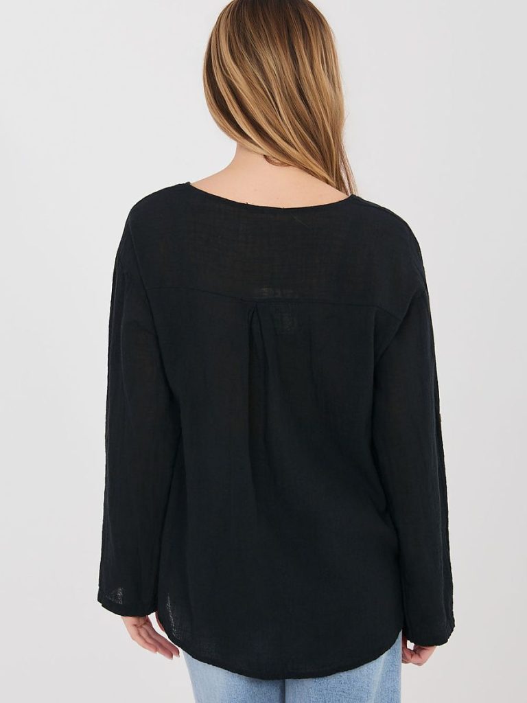 Chemisier noir femme Léa, coton manches retroussables, décolleté V — vue 2