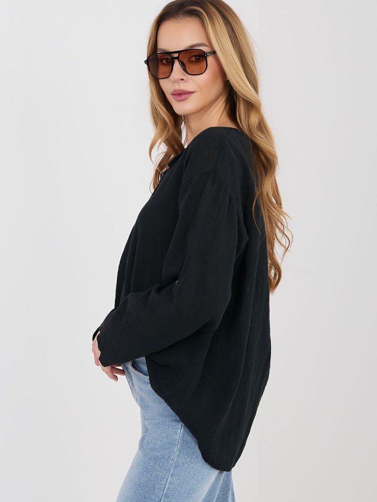 Chemisier noir femme Léa, coton manches retroussables, décolleté V — vue 3