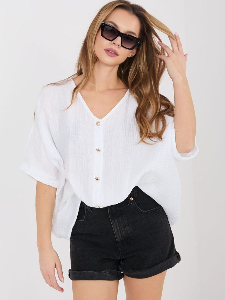 Chemise blanche manches courtes encolure V viscose nylon pour femme