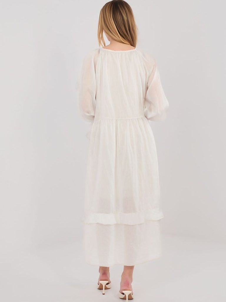 Robe midi beige avec volants col et laçage romantique manches bouffantes — vue 3